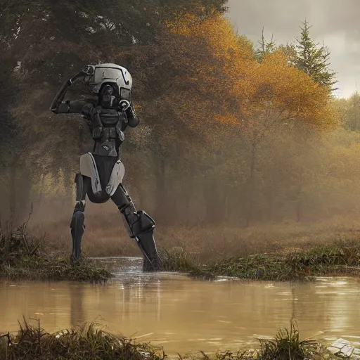 Image similar to concept art of huge trooper helmet, trees, puddles of water, bushes and leafs, by filip hoda, beeple, greg rutkowski, octane render, cryengine, details, hyper realistic