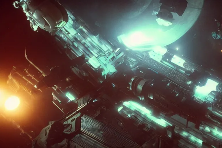 Image similar to VFX movie of a futuristic inhuman alien spacemarines in future spaceship, firing gun at space pirates detailed creature skin neon lighting by Emmanuel Lubezki