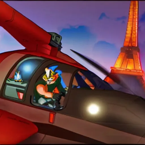 Image similar to swat kats of tbone and razor, in their plane, with eiffel tower visible in background, extremely detailed, imax movie still