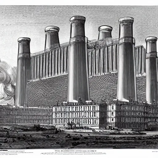 Prompt: A detailed engraving of a battersea power station in the style of piranesi