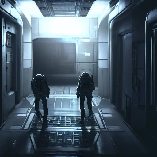 Prompt: alien running behind me in a space station corridor, alien! alien isolation, horror, highly detailed, 4 k, game screenshot, dark, white lightning