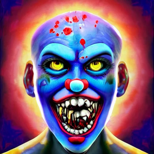 Prompt: 4K headshot of godlike clown with blue skin defined arms and open hands and bloody clothes with giant mandala wings , intricate clown face make-up , flawless anime cel animation by Kentaro Miura, psychedelic , highly detailed upper body , professionally post-processed , beautiful, scary, symmetry accurate features, epic, octane rendered, anime masterpiece, accurate