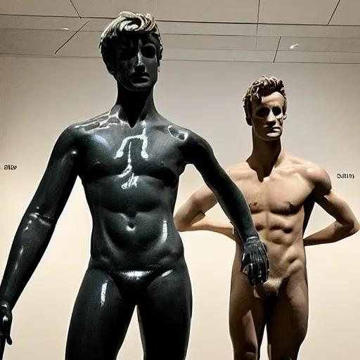 Image similar to “a realistic detailed photo of a guy who is an attractive humanoid who is half robot and half humanoid, who is a male android, British diver Jack Laugher & Chris Mears, shiny skin, posing like a statue, blank stare, at the museum, on display”