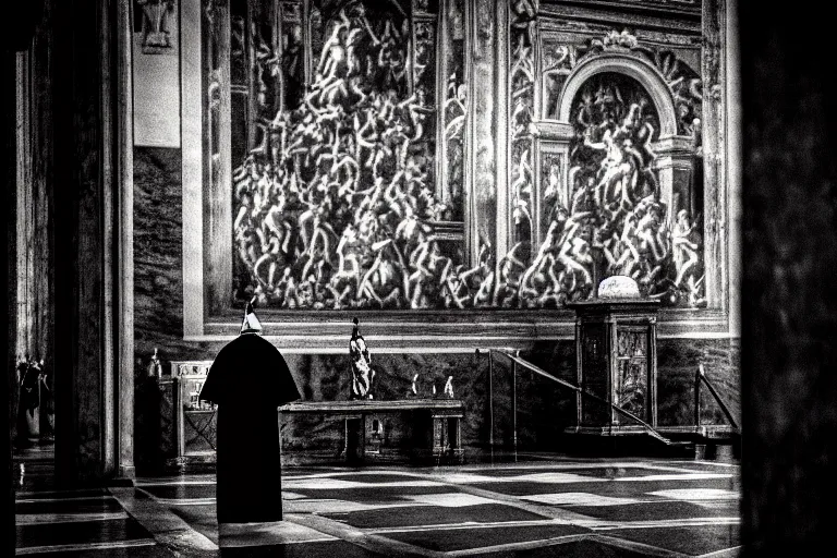 Prompt: dark scene at the vatican, pope performing an exercism ritual, moody atmosphere, 3 5 mm, hyper detailed,
