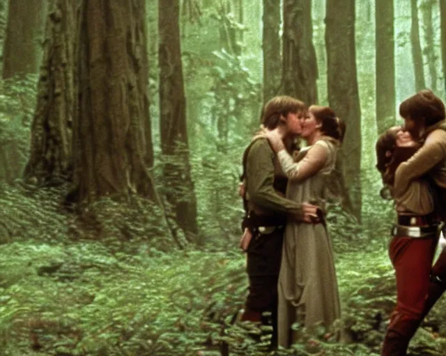 Prompt: luke skywalker, princess leia and han solo hugging and kissing in the forest of endor at the end of return of the jedi, faster, more intense, dolby stereo