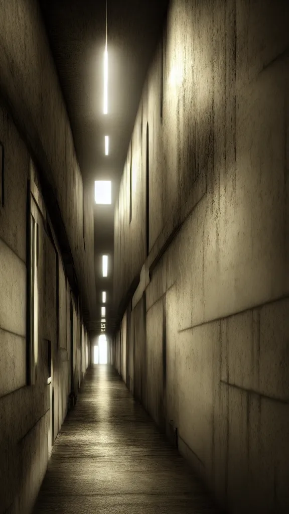 Image similar to dark and dim corridor, haunted, long exposure, detailed, hyper realistic, photorealism, ultra wide angle view, cinematic, peaceful, volumetric lighting