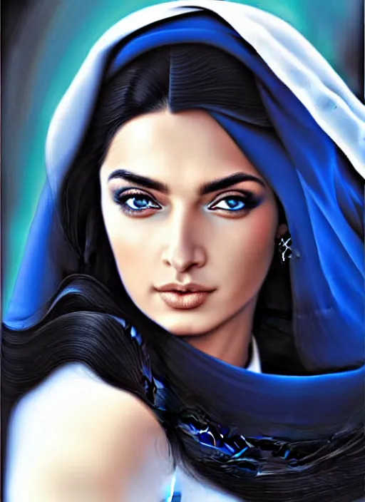 Image similar to ameera al taweel, bright blue eyes, long wavy black hair, white veil, in the style of stefan kostic, realistic, sharp focus, 8k high definition, insanely detailed, intricate, elegant, art by stanley lau and artgerm