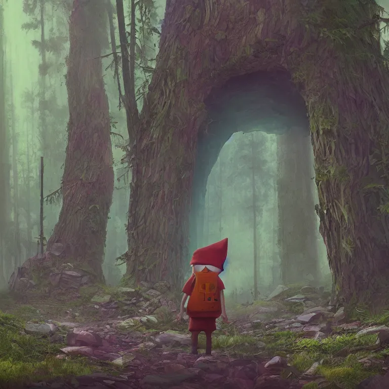 Image similar to a forest gnome standing in front of a portal. Detailed digital matte painting in the style of simon stalenhag