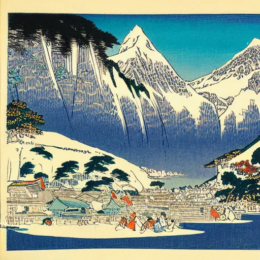 Image similar to Lauterbrunnen in the summer. woodblock print by Hokusai, masterpiece