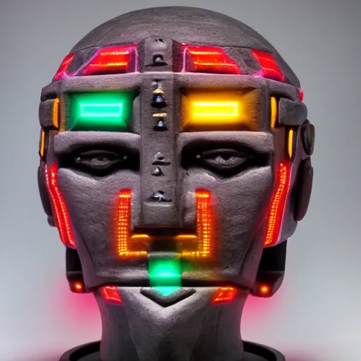 Image similar to claymodel of a cyberpunk aztec futurism robot head, 8 k, symetrical, flourescent colors, halluzinogenic, multicolored, black background