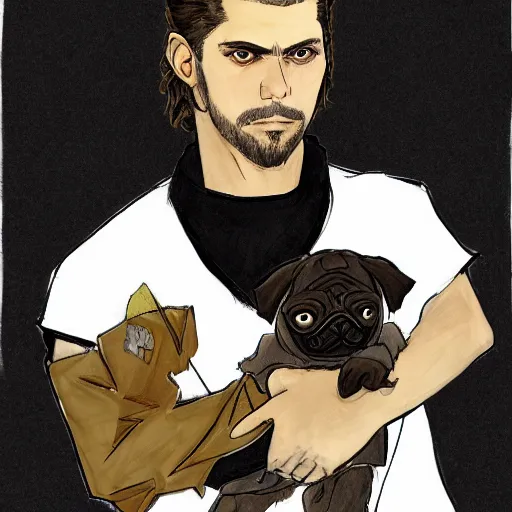 Image similar to self portrait, young white hispanic handsome man with short light brown hair and light skin and a 5 o clock shadow and holding a pug while fighting against 2 swordsmen pencil art, added detail, high definiton, colored, backfacing, illustrated by yoji shinkawa