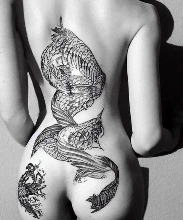 Image similar to black and white tattoo, beautiful mermaid, full body, fish tail