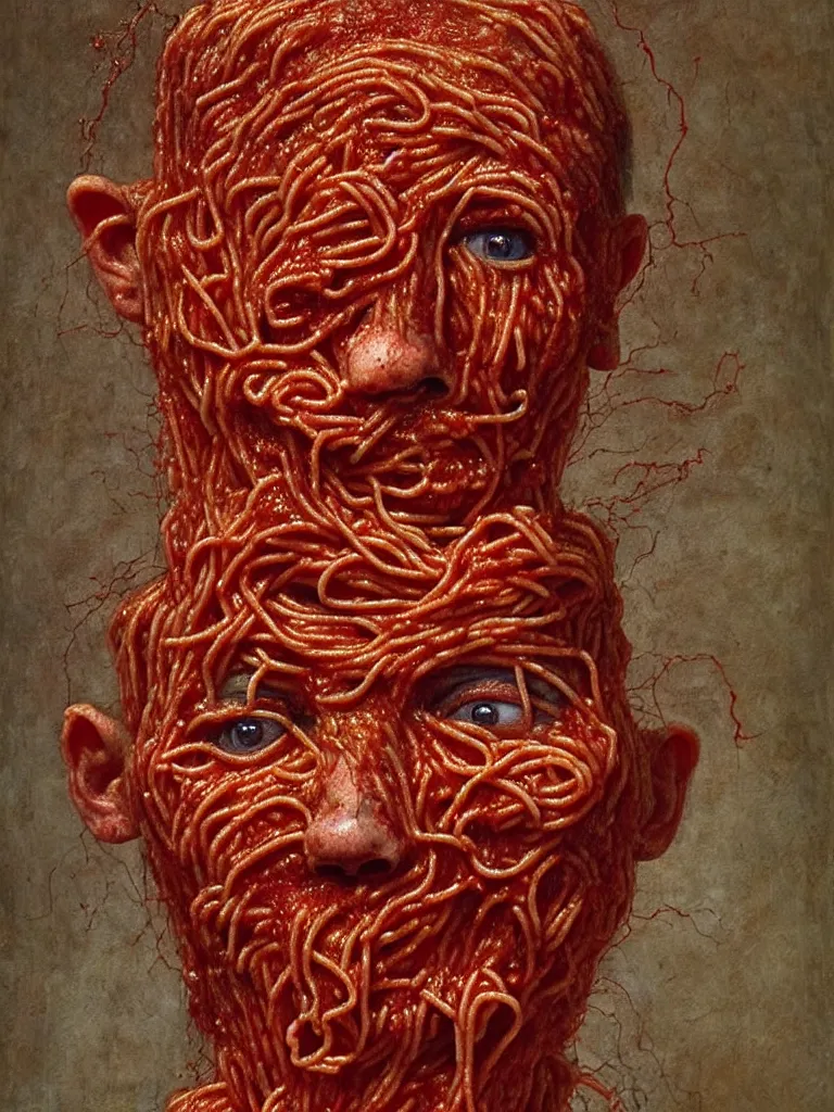 Image similar to a boy made of spaghetti and tomato sauce, looking into camera, screaming in pain, full body, by giuseppe arcimboldo and ambrosius benson, renaissance, intricate and intense oil paint, a touch of beksinski and hr giger and edward munch, realistic