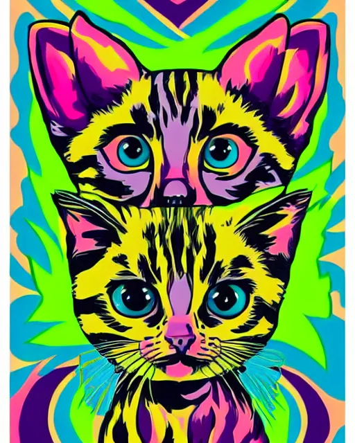 Image similar to symmetrical portrait of a cute kitten, acid psychedelic poster, in the color scheme of Landon Peters,