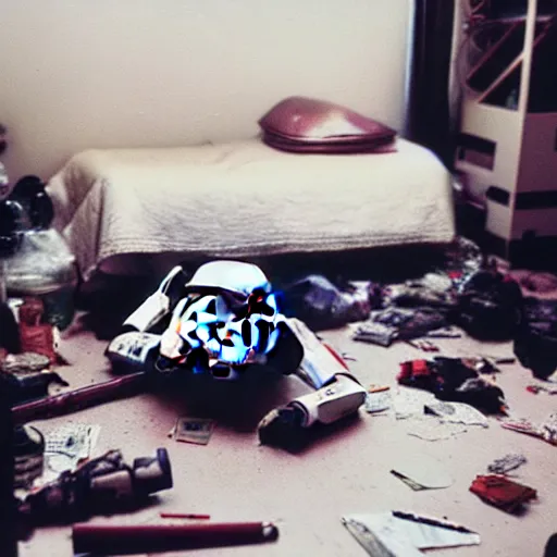 Image similar to Polaroid photo, cinematic tone, A stormtrooper lying on their backs on the floor, cluttered 80s American room, liquor bottles and clothes scattered on the floor