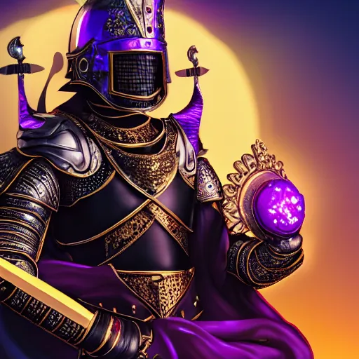 Image similar to a highly detailed knight with glowing purple eyes in a T golden helmet and a golden crown with a blue diamond in the center, golden armor, leather clothes under the armor, leather gloves, holds a black sword, artstation, DeviantArt, professional, octane render, sunset lighting