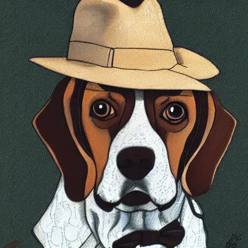 Image similar to a beagle wearing a business suit and fedora, by moebius