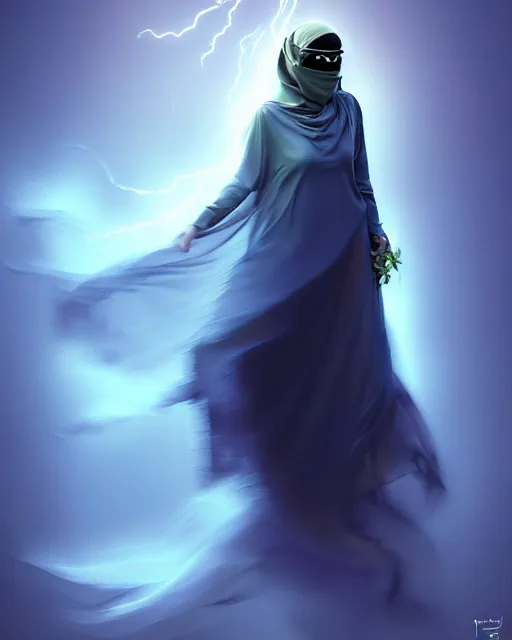 Image similar to beautiful arab woman in niqab, floating in mid - air, long flowing fabric, haunting, dancer, flowers, rain, lightning, storm, digital painting, illustration by raymond swanland and artgerm and mina petrovic and timothy kong and marina federovna, volumetric lighting, artstation