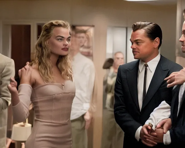 Image similar to leonardo dicaprio as the wolf of wall street holding hands with margot robbie, cinamtic, hyper detailed, 8 5 mm photograph, 8 k resolution, film still, sharp lens, wide lens