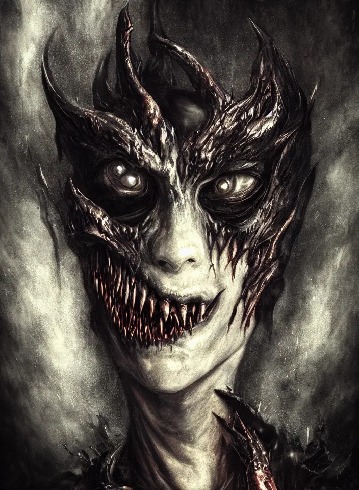 Image similar to a closeup portrait of a demonic monster with black scales that invokes fear, d & d, fantasy setting, horror environment, morbid colors, dark lighting, atmospheric, cinematic, moody, in the style of diego koi, gina heyer, luiz escanuela, art by alyssa monk, depth, hyperrealism, rule of thirds, golden ratio, oil on canvas, 8 k