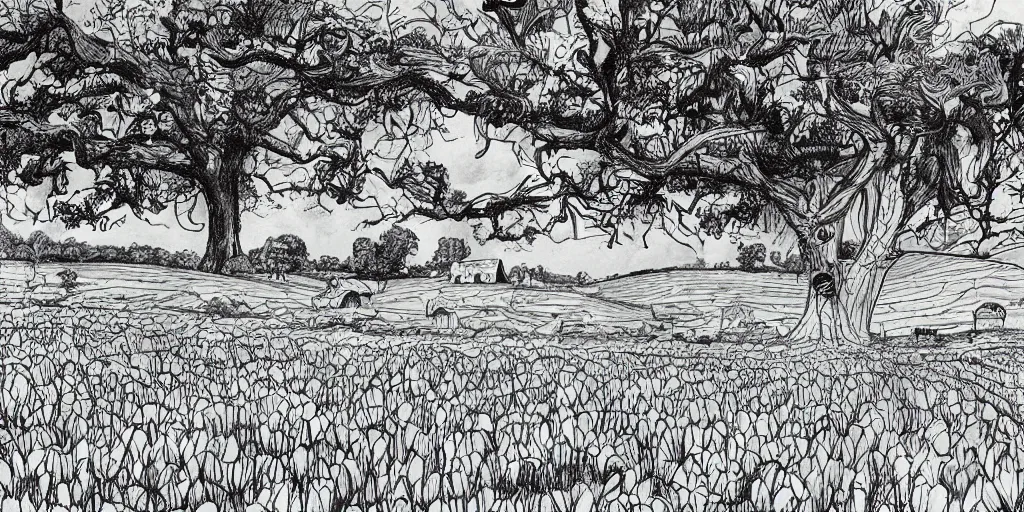 Image similar to stunning drawing of a farm landscape by brian k. vaughan