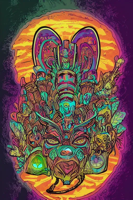 Image similar to animal mask totem roots flower tribal feather gemstone plant wood rock shaman vodoo video game vector cutout illustration vivid multicolor borderlands comics by josan gonzales and dan mumford radiating a glowing aura