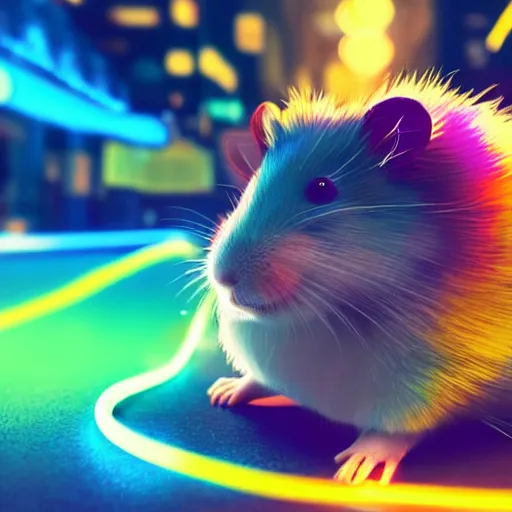 Image similar to hamster with rainbow fur in a cyberpunk city with bright neon lights, 8 k, hd, light reflection