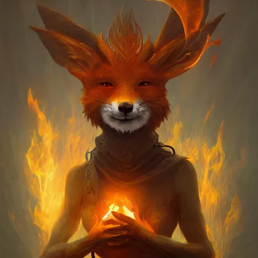 Image similar to anthropomorphic druidic fox in a vortex of flame, 8k resolution matte fantasy painting, cinematic lighting, DeviantArt Artstation, Jason Felix Steve Argyle Tyler Jacobson Peter Mohrbacher