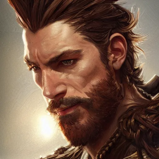 Image similar to portrait of a ruggedly handsome swordsman, soft hair, muscular, half body, leather, hairy, d & d, fantasy, intricate, elegant, highly detailed, digital painting, artstation, concept art, smooth, sharp focus, illustration, art by artgerm and greg rutkowski and alphonse mucha