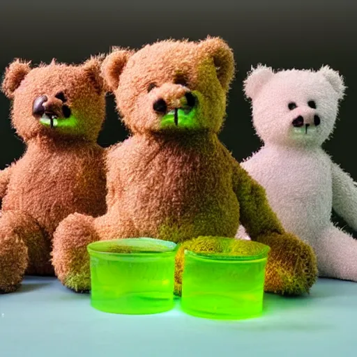 Prompt: Teddy bears mixing sparkling chemicals as mad scientist