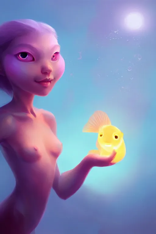 Image similar to super cute Bioluminescent Fish character concept, soft light, soft mood, realistic body features and face, illustration, painting oil on canvas by Elena Zhurikhina and Goro Fujita and Charlie Bowater, octane render trending on artstation, 4k, 8k, HD