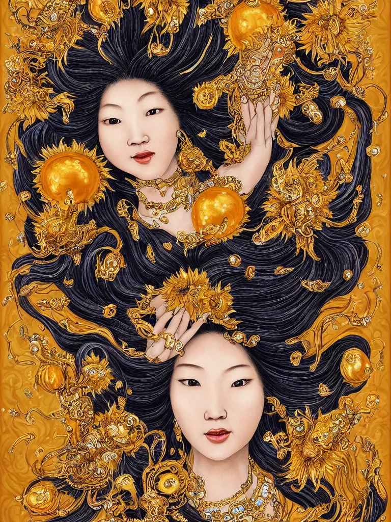 Image similar to Graceful portrait of the Sunflower Goddess, a Chinese female deity with 8 arms who brings joy and light onto the world with her smile and by channeling energy from the sun. Insanely nice professional hair style, dramatic hair colour, digital painting of a old 17th century, amber jewels and golden gemstones, baroque, ornate clothing, sci-fi, dark blue smoke background, flames, very realistic, chiaroscuro, art by Franz Hals and Jon Foster and Ayami Kojima and Amano and Karol Bal.