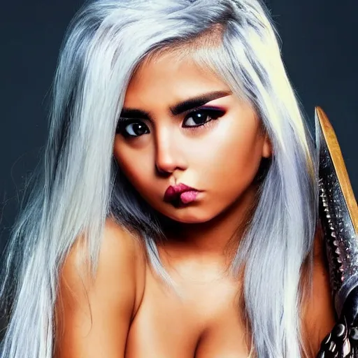 Image similar to hot tribal warrior cute girl big eyes pouty lips tanned skin white hair