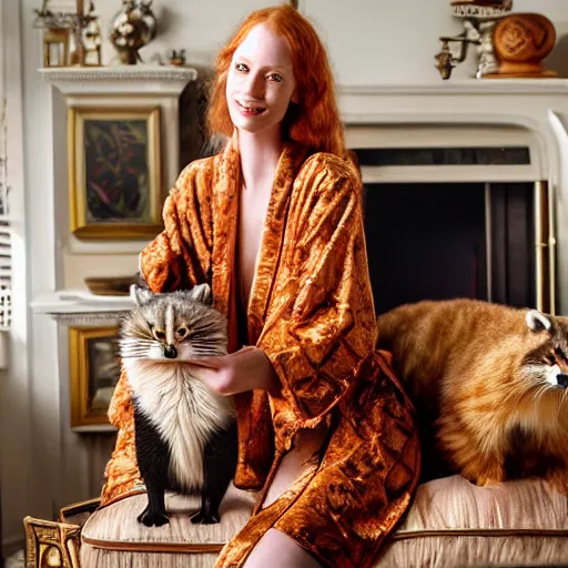 Image similar to a stunning hyper-detailed photo of one slender beautiful smiling woman with long ginger hair and bangs, wearing a luxurious silk robe, wearing headphones and posing with her large ginger tabby cat and her raccoon and parrots in an overstuffed easy chair in her sunlit victorian living room, holding a porcelain parrot-shaped coffee mug and a donut, perfect eyes, fashion photography, cinematic lighting, octane render, IBEX Masters, unreal engine, 85 mm lens