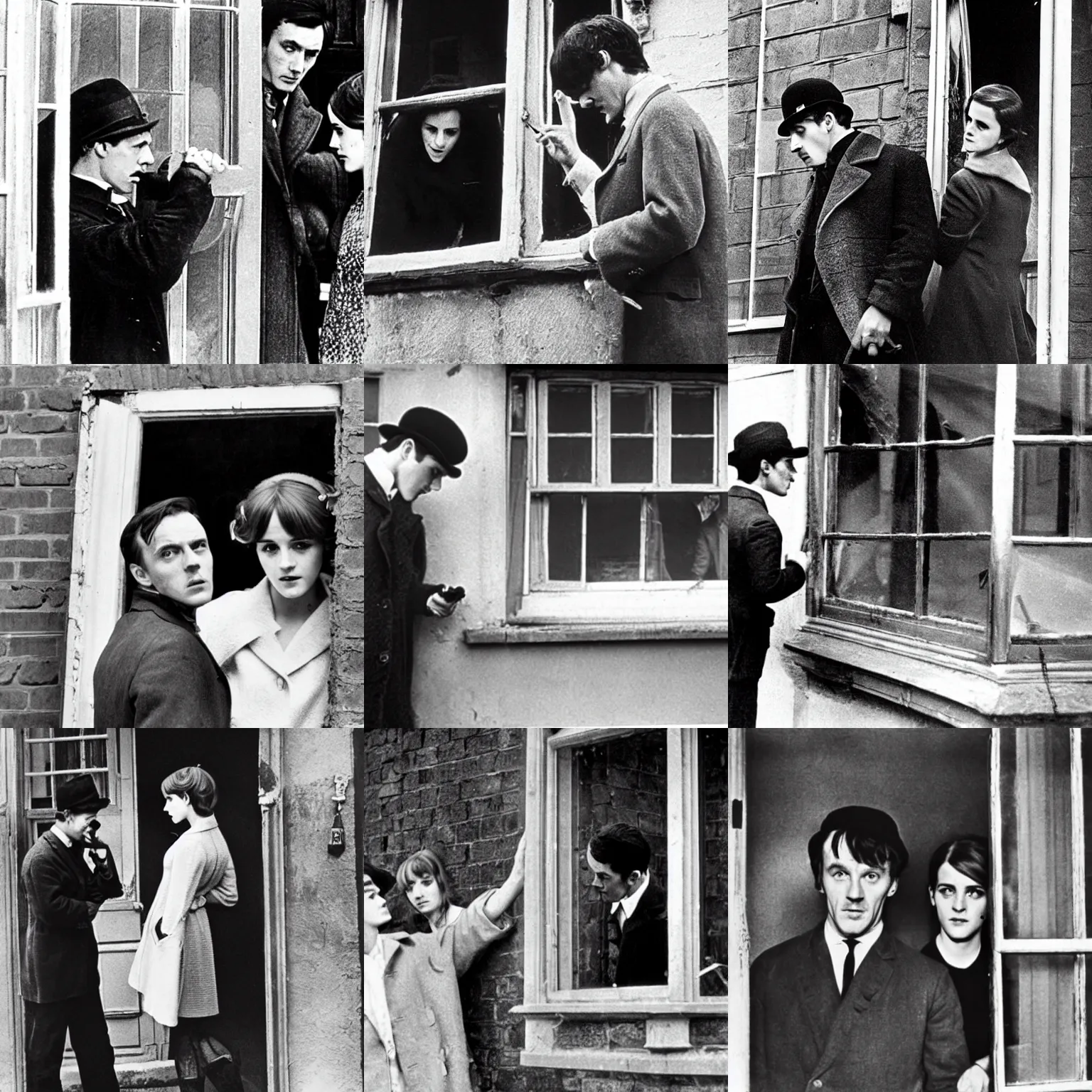 Prompt: Sherlock Holmes and his assistant Emma Watson investigating a broken window (1966)