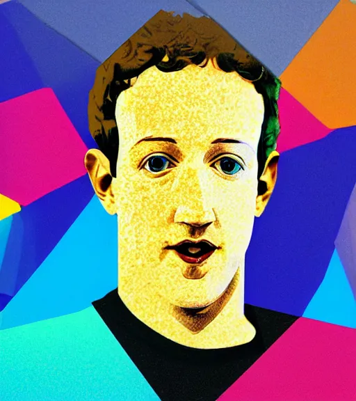 Prompt: cubist portrait of mark zuckerberg cutout digital illustration cartoon colorful beeple