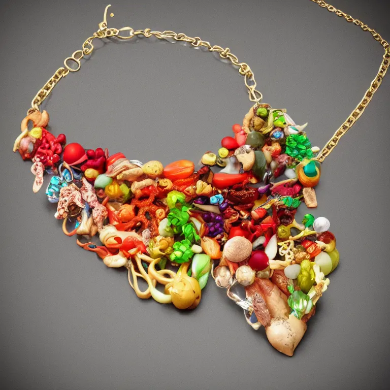 Image similar to food necklace, food jewelry, detailed, high quality, 8 k resolution, trending on artstation