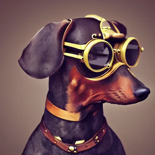 Prompt: a profile picture of a dachshund with steampunk googles, by ROSS tran, 4k