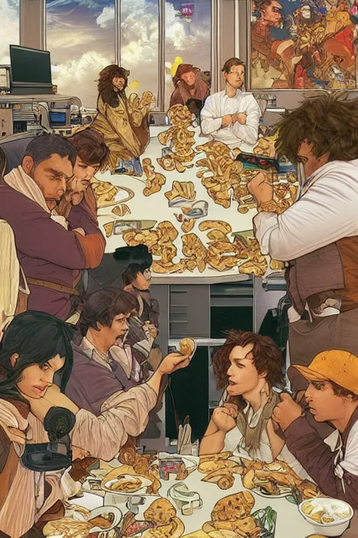 Image similar to a group of software engineers eat chicken sandwiches at their desks, by artgerm and moebius and alphonse mucha, hyperdetailed, dc comics, explosions in the sky, trending on deviantart