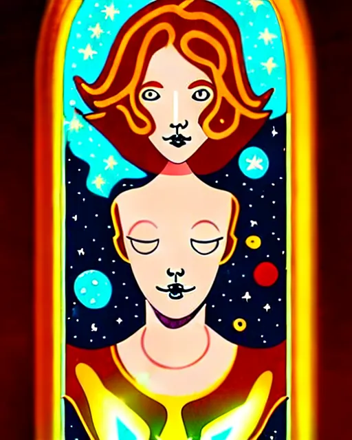 Image similar to tarot card of space astral girl, red hair, ginger hair, fantasy, glowing skin, smooth face, perfect eyes