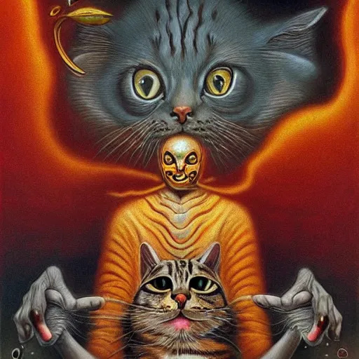 Image similar to a cat having an ego trip, by alex grey, by Esao Andrews and Karol Bak and Zdzislaw Beksinski and Zdzisław Beksiński, trending on ArtStation