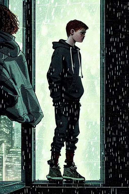 Image similar to outdoors : sadie sink peter parker in hoodie sits on windowsill, knees tucked in | rain falls at night : storyboard, scifi cyberpunk. by gabriel hardman, joe alves, chris bonura. cinematic atmosphere, detailed and intricate, perfect anatomy