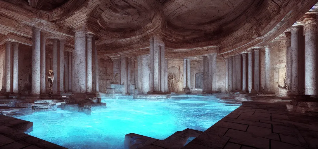 Image similar to dramatic photo of underground roman interior, ambient occlusion, glowing pool of water, ancient marble statues, raytracing, unreal engine, dramatic lighting, detailed,, global illumination, god rays, 3 d artstation by greg rutowski and jessica rossier