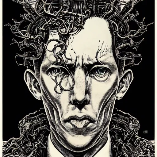 Prompt: portrait of hp lovecraft, symmetrical, by yoichi hatakenaka, masamune shirow, josan gonzales and dan mumford, ayami kojima, takato yamamoto, barclay shaw, karol bak, yukito kishiro