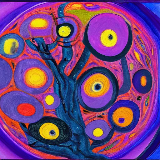 Prompt: a painting of a tree with a purple circle in the center, an ultrafine detailed painting by Asger Jorn, pixiv contest winner, gutai group, oil on canvas, cosmic horror, artwork, 8K