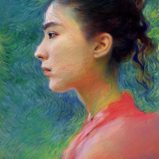 Image similar to Monet portrait painting of a cyborg girl, medium shot, asymmetrical, profile picture, Organic Painting, sunny day, Matte Painting, bold shapes, hard edges, street art, trending on artstation, by Huang Guangjian and Gil Elvgren and Sachin Teng