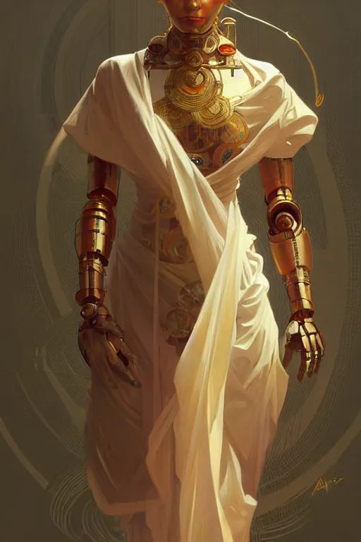 Image similar to Full body robotic monk, portrait, elegant, intricate, digital painting, artstation, concept art, smooth, sharp focus, illustration, art by artgerm and greg rutkowski and alphonse mucha