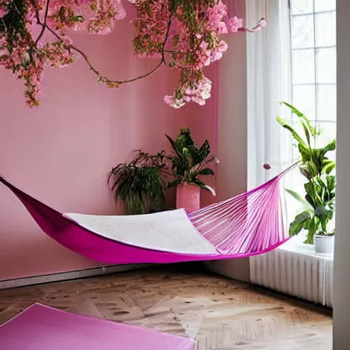 Prompt: a pink room with a floating hammock bed, covered with flowers, professional photography, ikea magazine