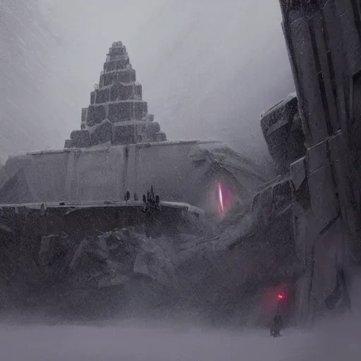 Image similar to star wars concept art by greg rutkowski, a brutalist - looking and imposing temple in the middle of a snowy, dark and hostile landscape, strong blizzards, poor lighting, evil atmosphere, artstation hq.