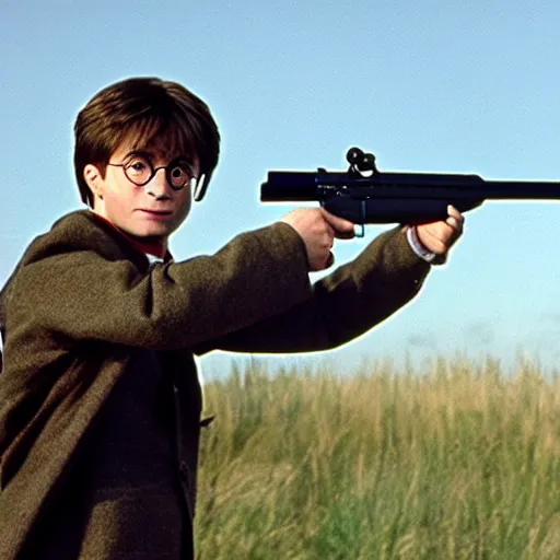 Image similar to harry potter aiming down the sights of an m 1 6 rifle, movie still frame